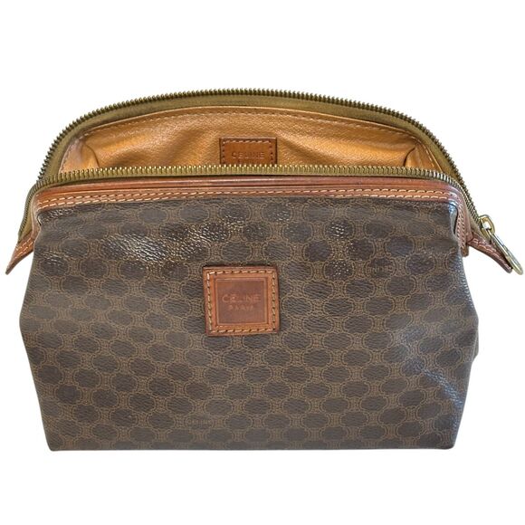 Celine Macadam Cosmetics Bag Top Zip Brown Leather Canvas Pouch Makeup Pockets - Picture 1 of 11